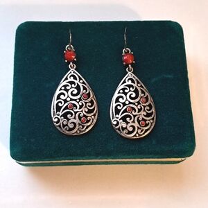 Antique Silver Tribal Red Gem Bead Drop Earrings